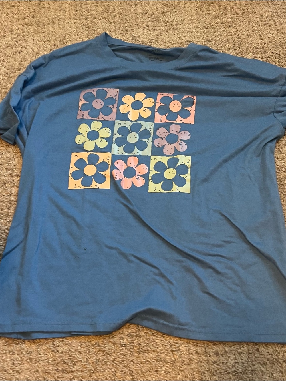 SHEIN Blue Short Sleeve Tee with Pastel Floral Graphic